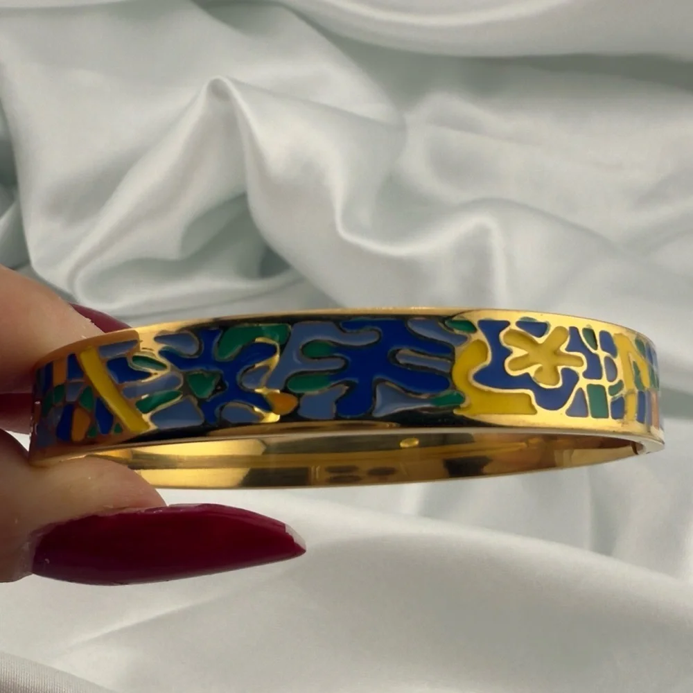 Colorful Anthropologie Gold Bracelet with Blue and Yellow Enamel